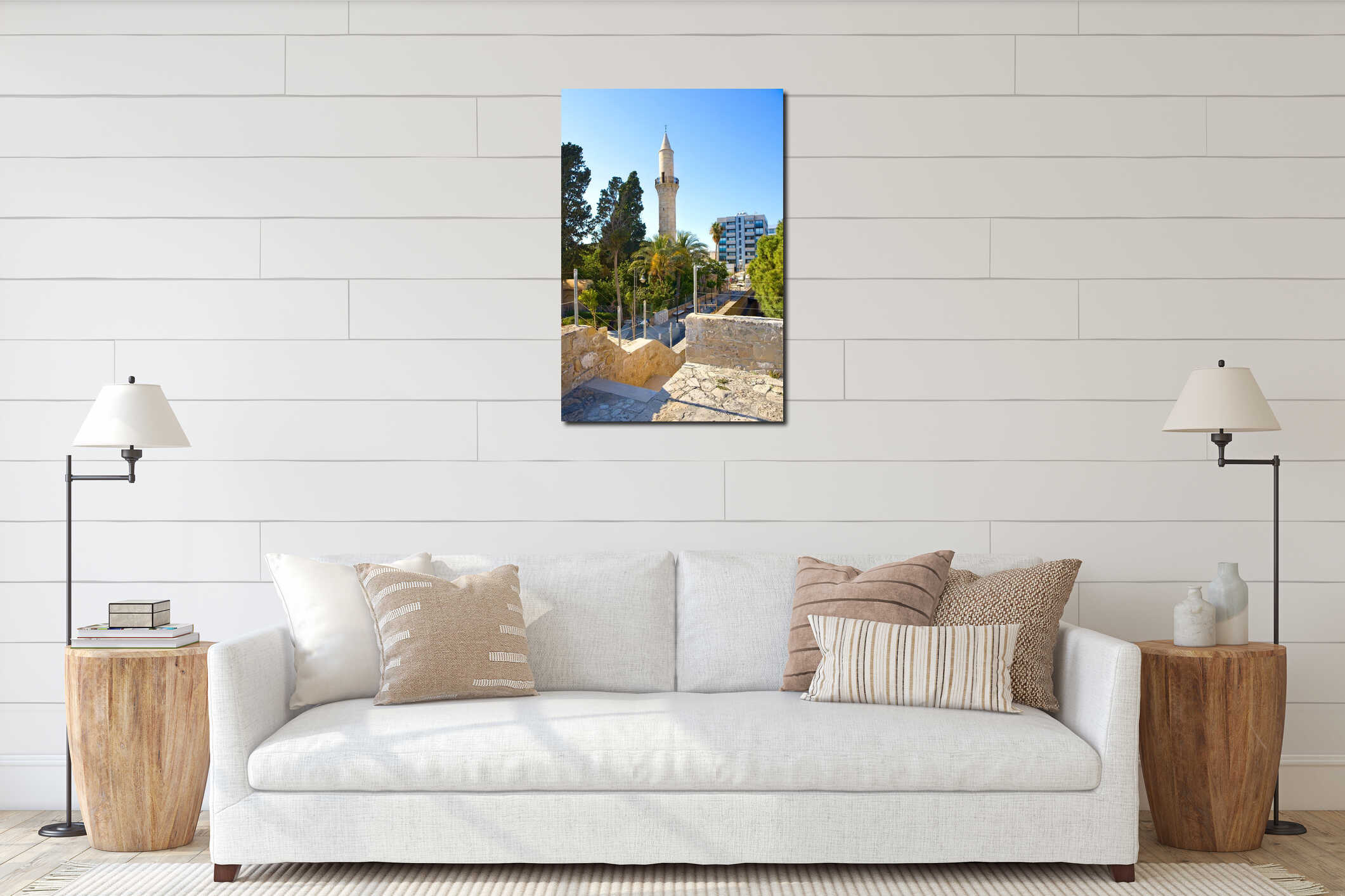 View of minaret of Djami Kebir Mosque from Medieval Fort in Larnaca, Cyprus interior mockup
