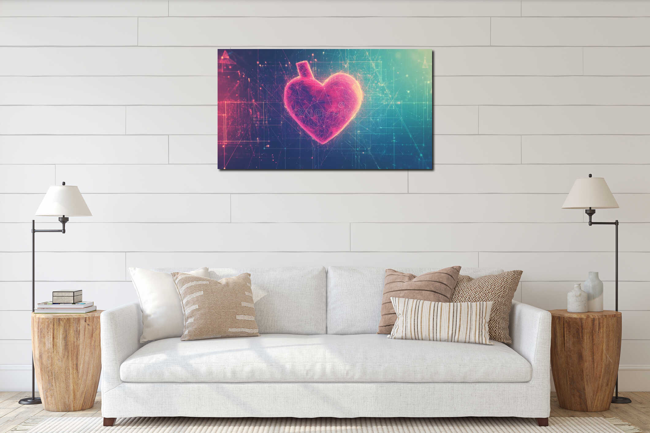 A Valentine's Day heart crafted from red diamonds, featuring neon shine and laser lines, floating in space against a interior mockup