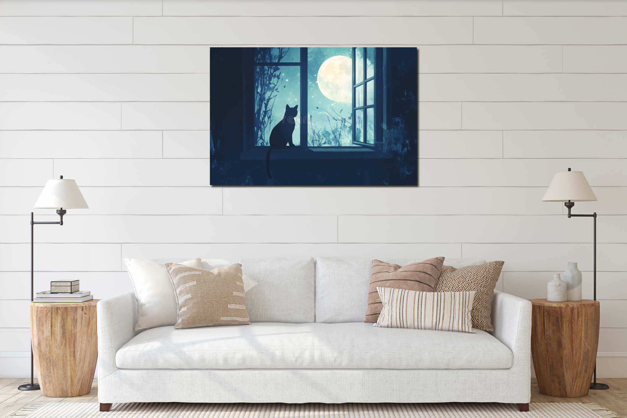 A mystical illustration of a moonlit night with a silhouette of a black cat perched on a windowsill. interior mockup