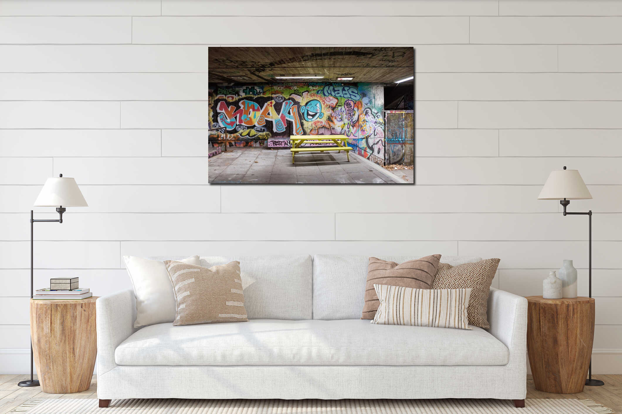 Underground urban setting featuring vibrant graffiti art covering concrete wall. Central London, UK interior mockup