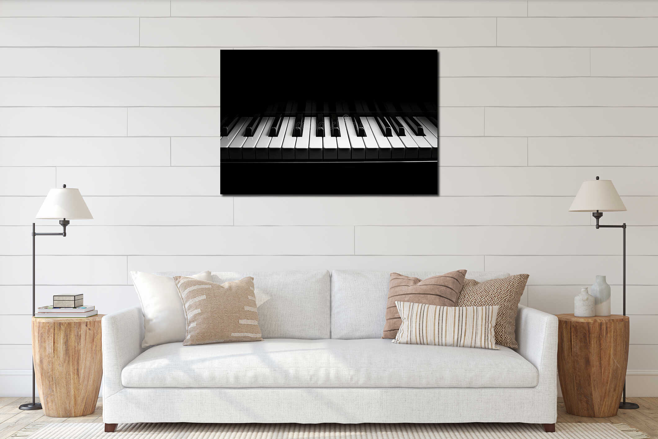 Artistic close up of illuminated black and white piano keys showcasing classic elegance and beauty interior mockup