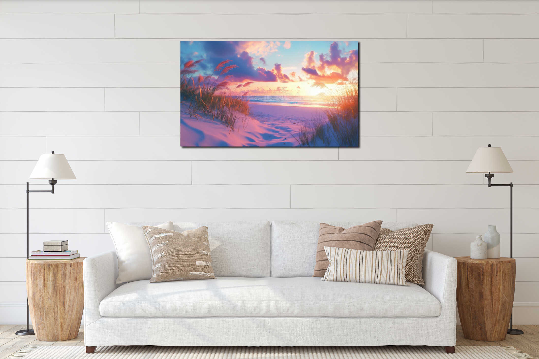 Serene beach sunset with vibrant clouds and gentle waves at shoreline interior mockup