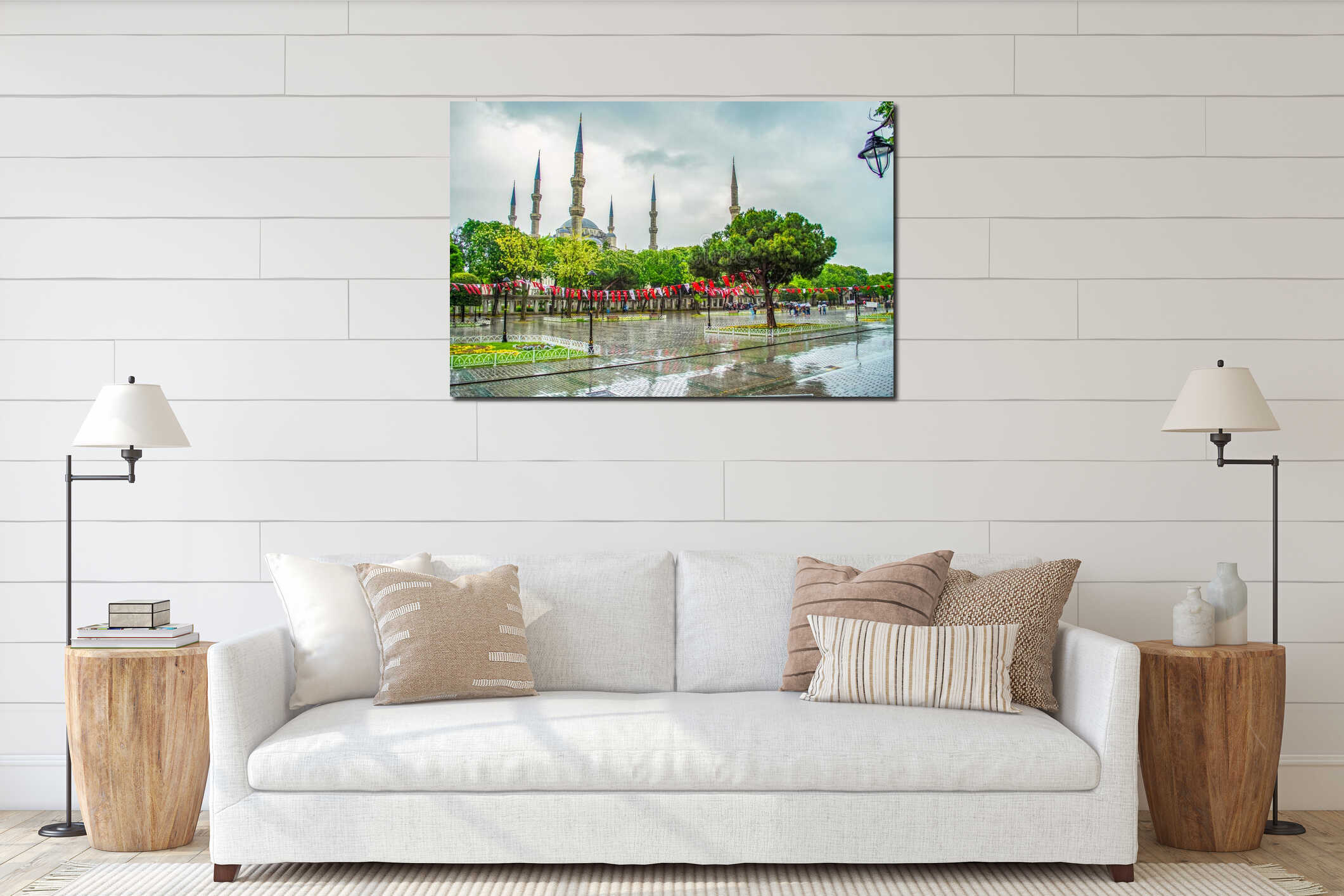 Sultanahmet Camii Blue Mosque on rainy spring day Istanbul city Turkey interior mockup