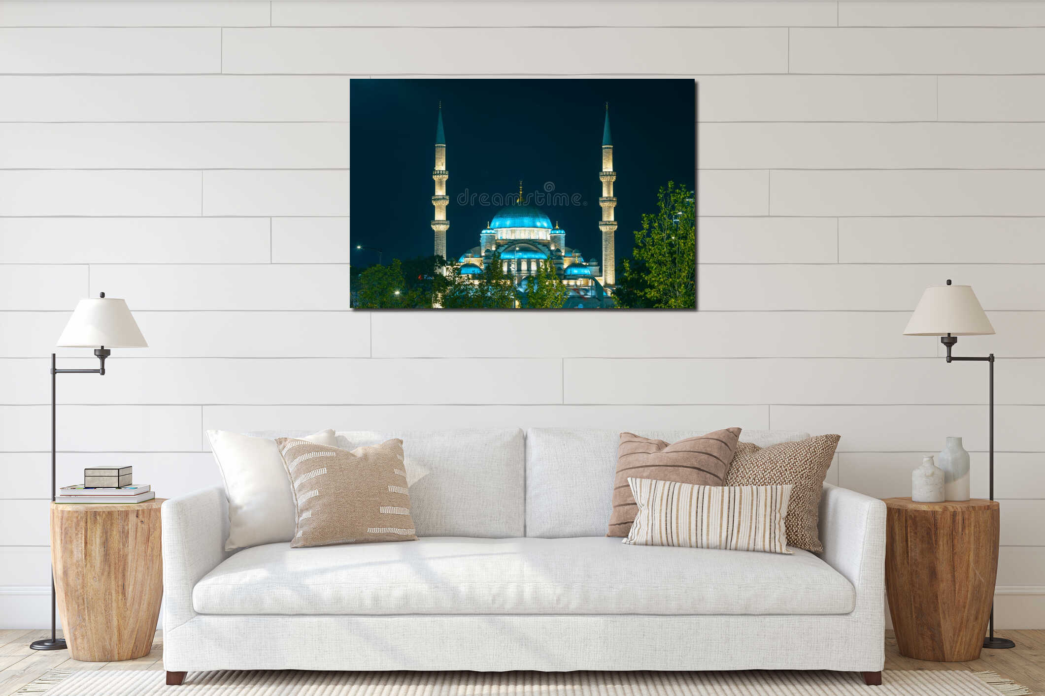 Eminonu Yeni Cami or New Mosque view at night. Ramadan or islamic concept interior mockup