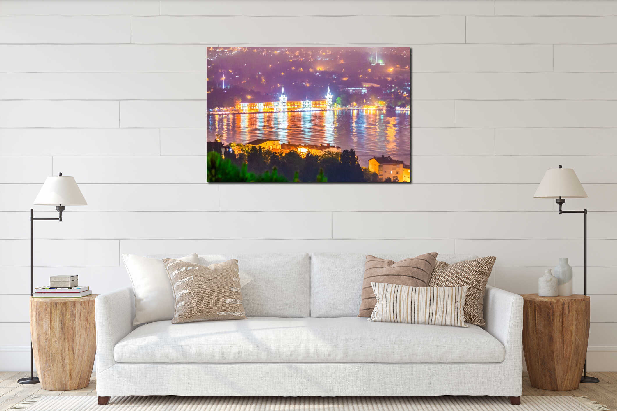 Night scenic view across the Bosphorus strait in Istanbul city Turkey interior mockup
