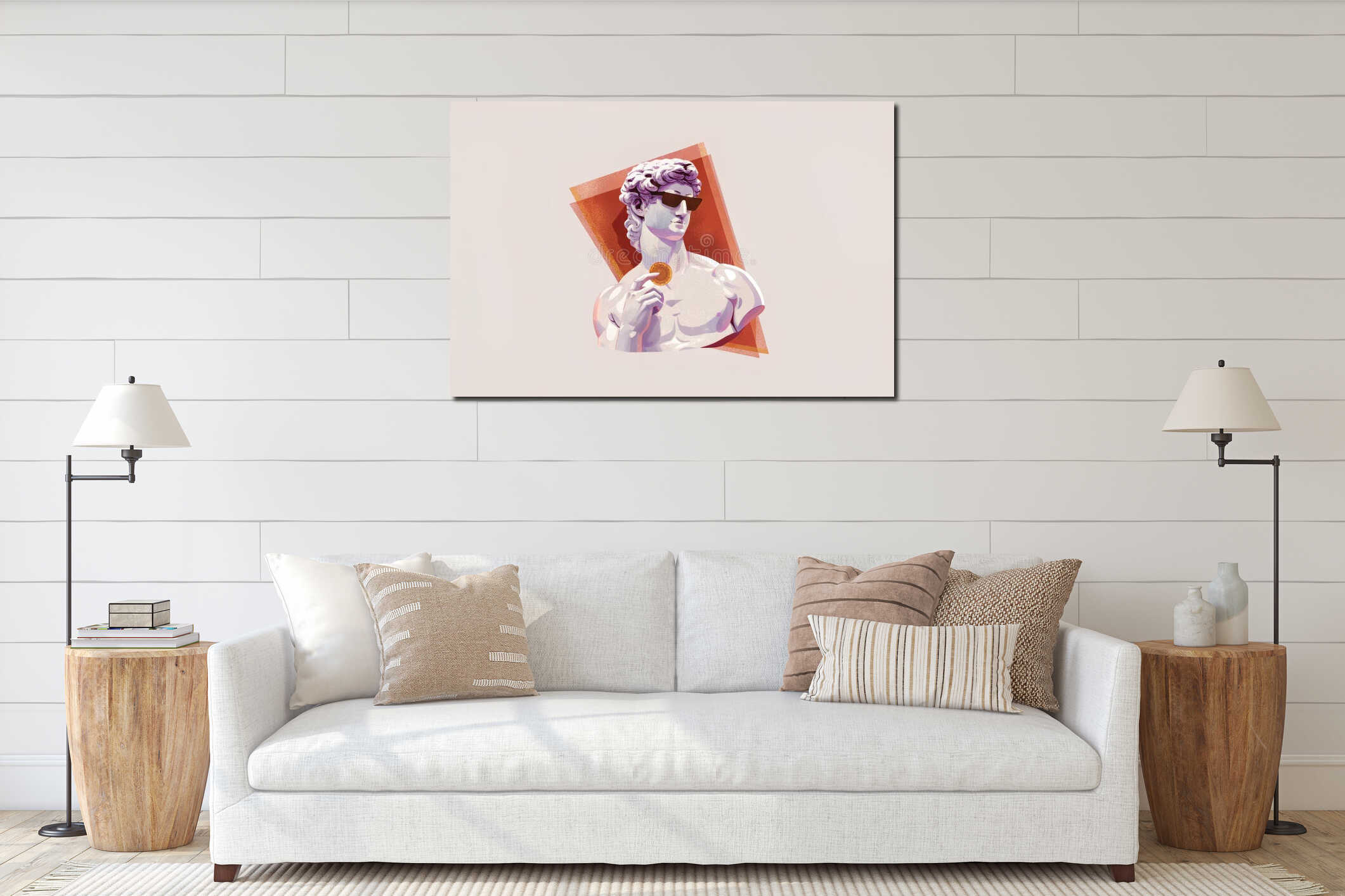 Trendy classical sculpture: david wearing sunglasses with modern style interior mockup
