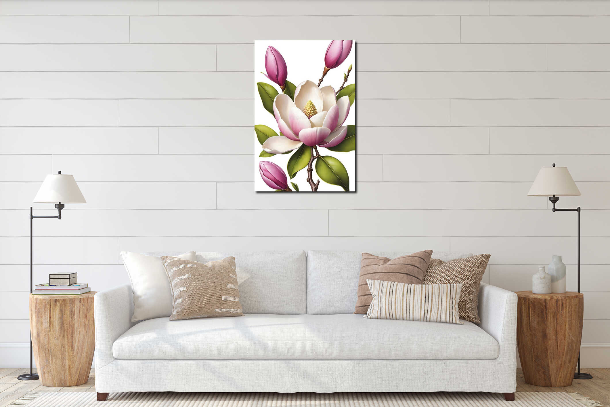 Close-up of a blooming magnolia with soft pink petals and bright green leaves on a white background interior mockup