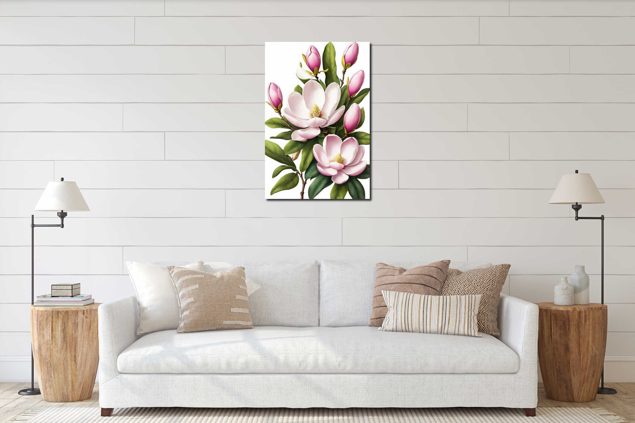 Close-up of a blooming magnolia with soft pink petals and bright green leaves on a white background interior mockup