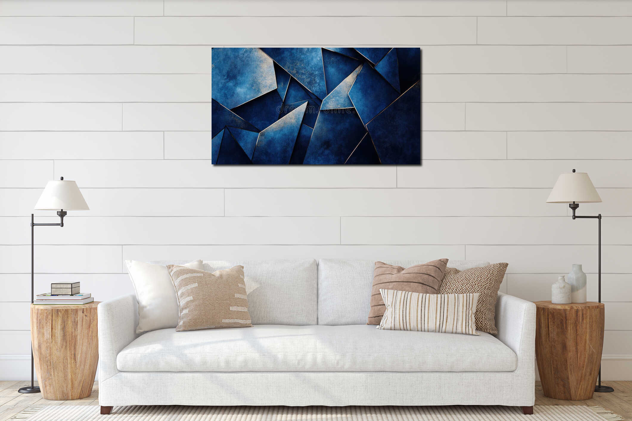 Abstract geometric composition with blue metallic texture and modern design concept interior mockup