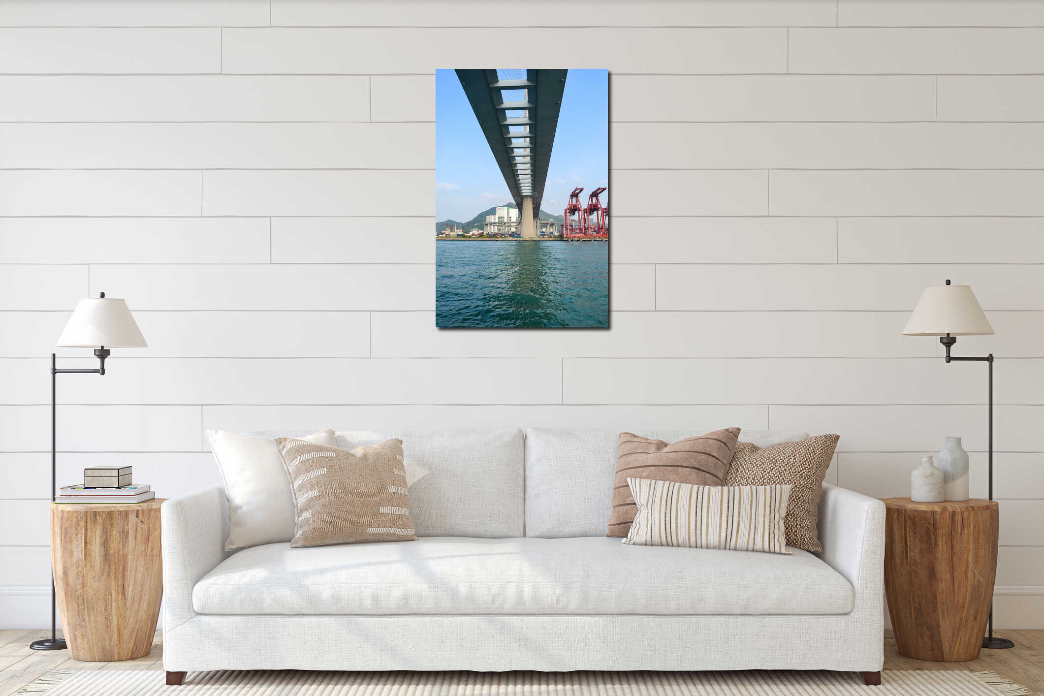 Underside of a Large Bridge with Port Cranes and Coastal Background interior mockup