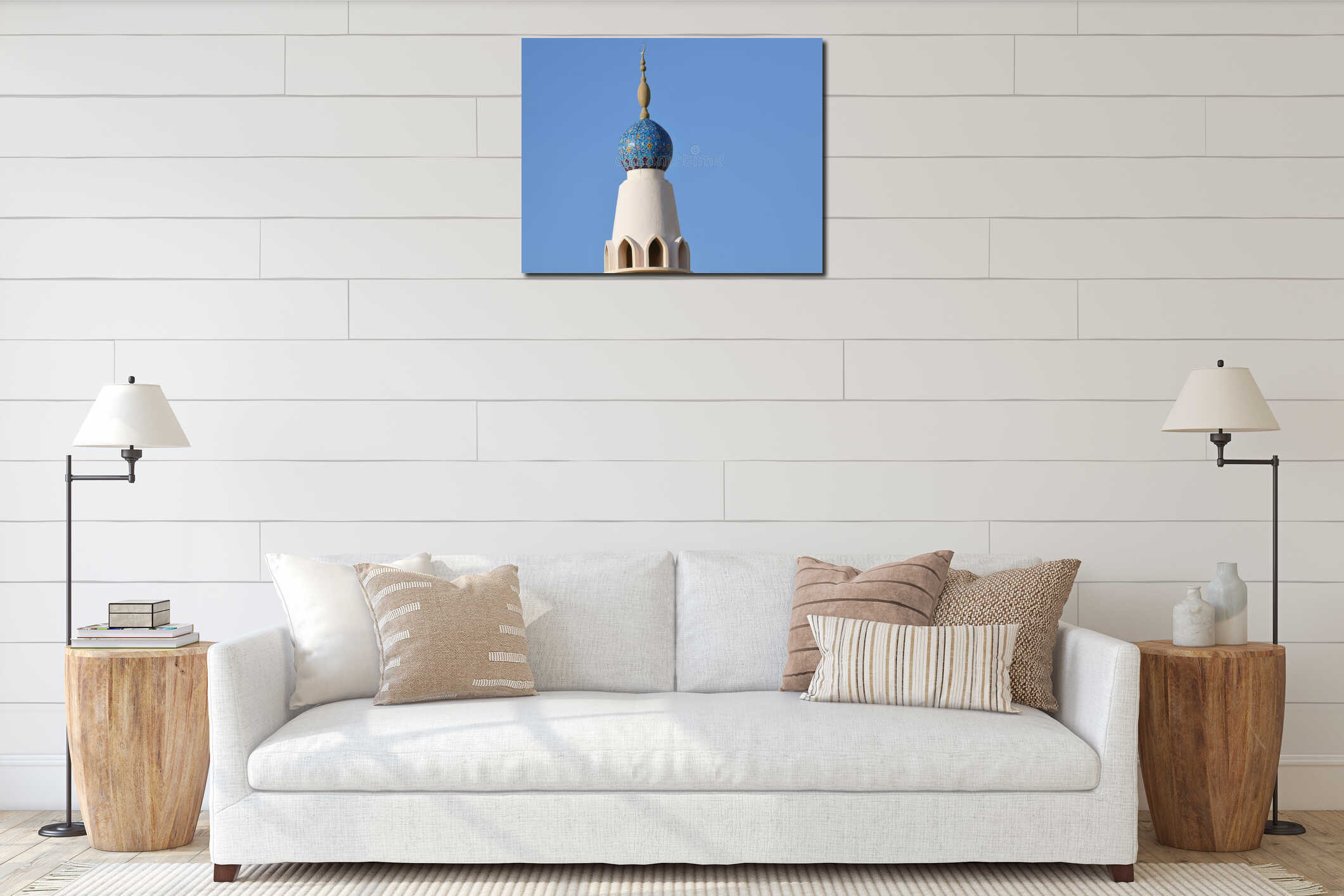 Mosque Minaret Detail Blue Tiled Dome and Crescent in Dubai interior mockup
