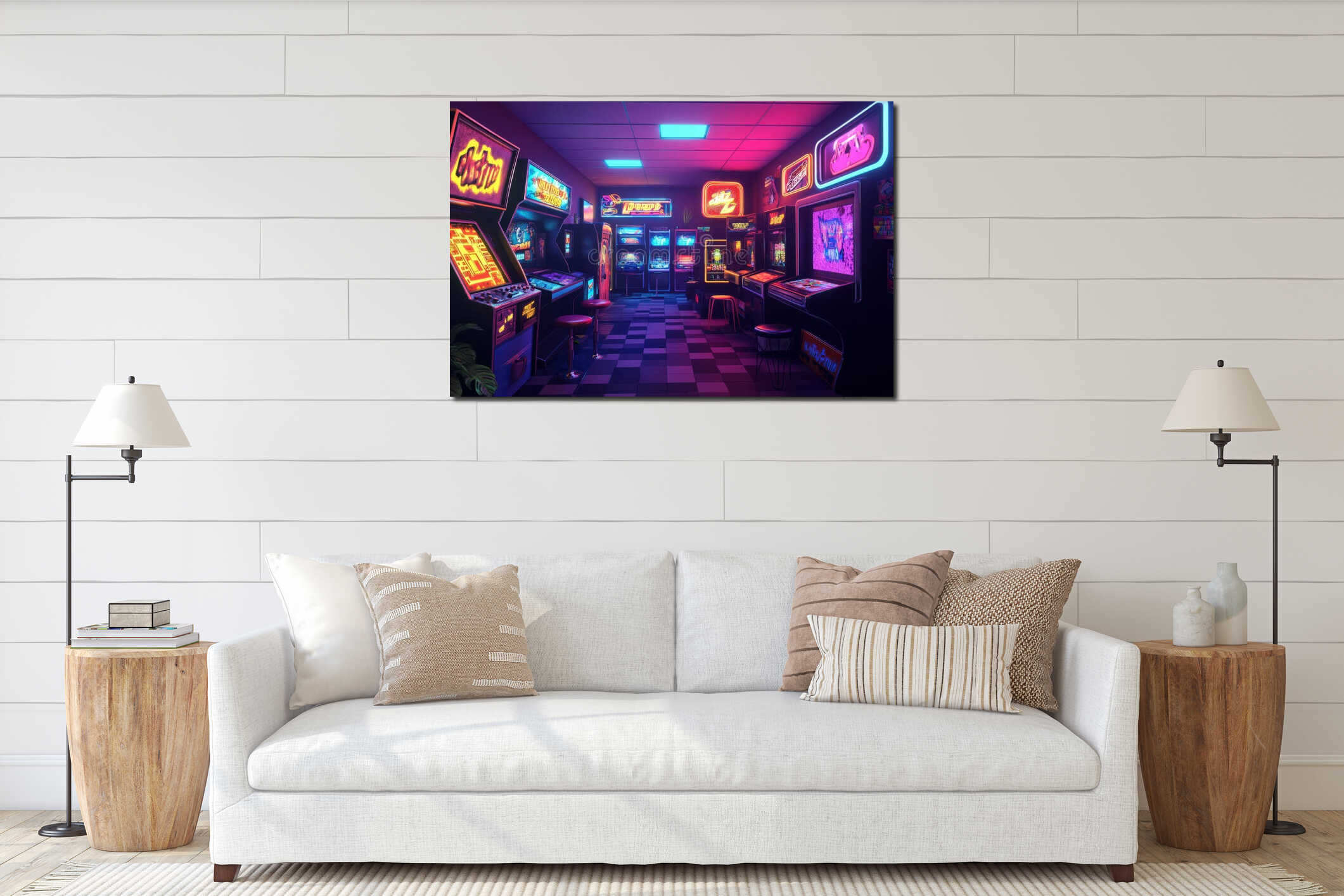 A nostalgic 80s-inspired arcade 3D background room filled with glowing neon signs, retro arcade interior mockup