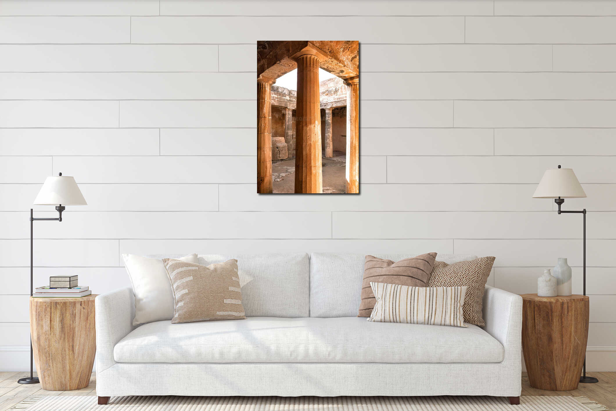 Sunlight illuminating ancient columns within the Tombs of the Kings in Paphos, Cyprus interior mockup