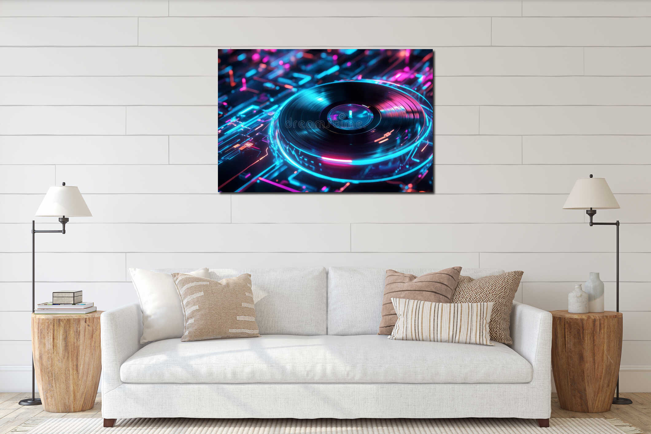 A futuristic 3D music background where a levitating vinyl record glows with neon energy. As it spins interior mockup