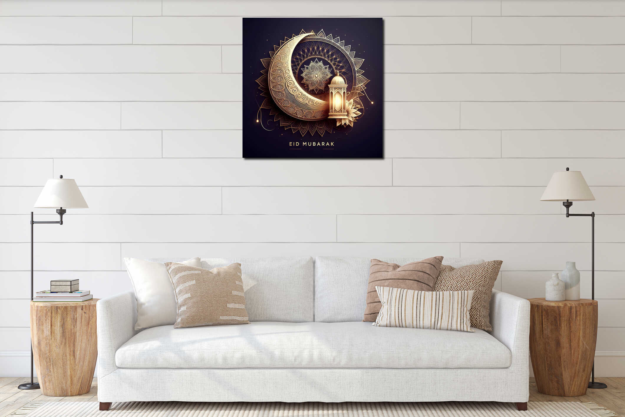 Eid Mubarak greetings card design, withstylized crescent moon, adorned with mandala and lanterns, elegance and modern, backgrounds interior mockup