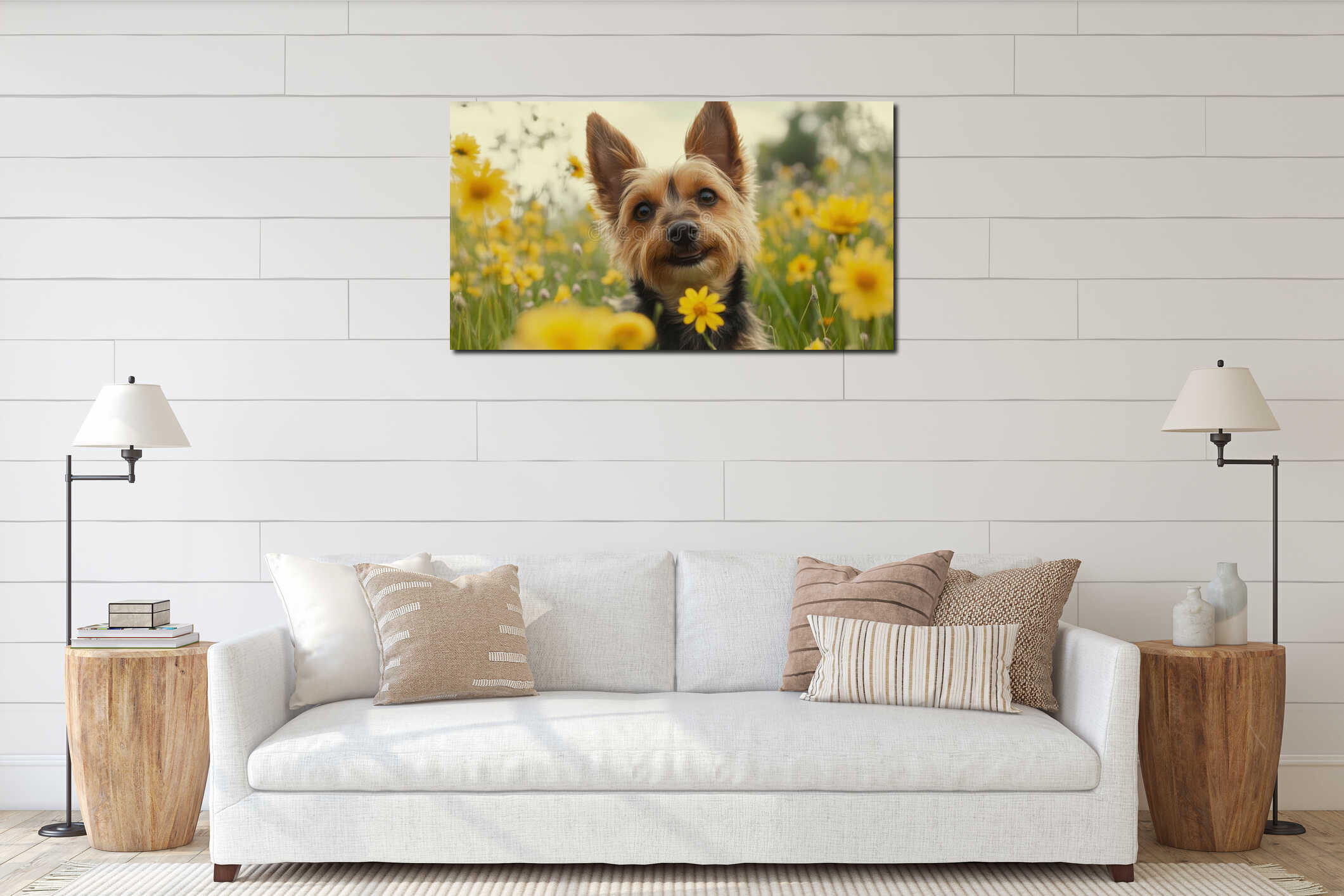 Yorkie Puppy in a Meadow of Yellow Flowers: Up-Close Portrait of a Happy Dog interior mockup