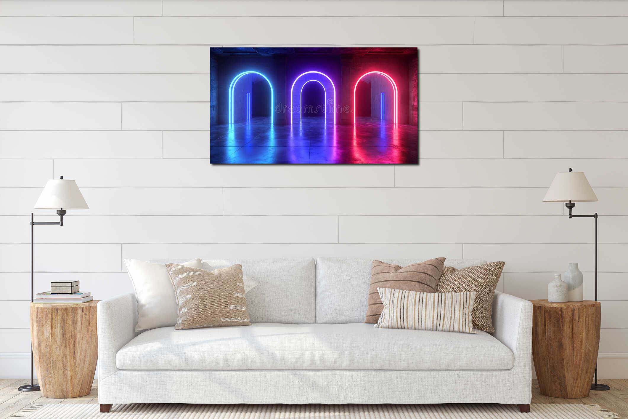 Neon Lit Arches in a Dark Room interior mockup