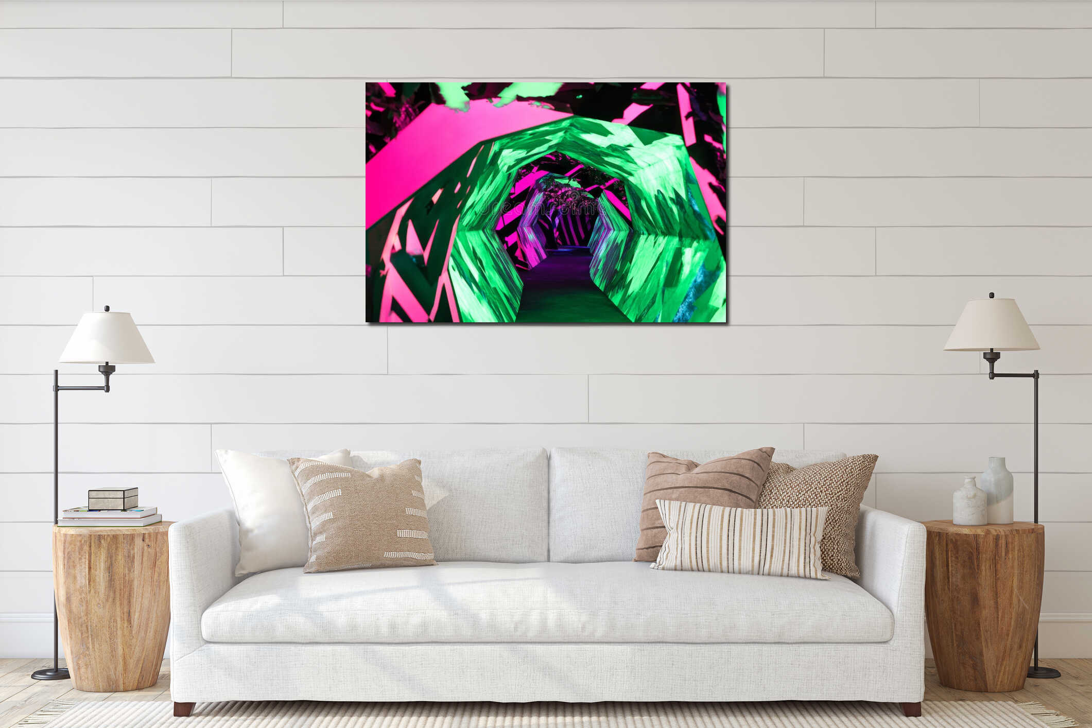 A vibrant neon-lit tunnel, glowing in electric green and pink, with sharp geometric patterns and a interior mockup