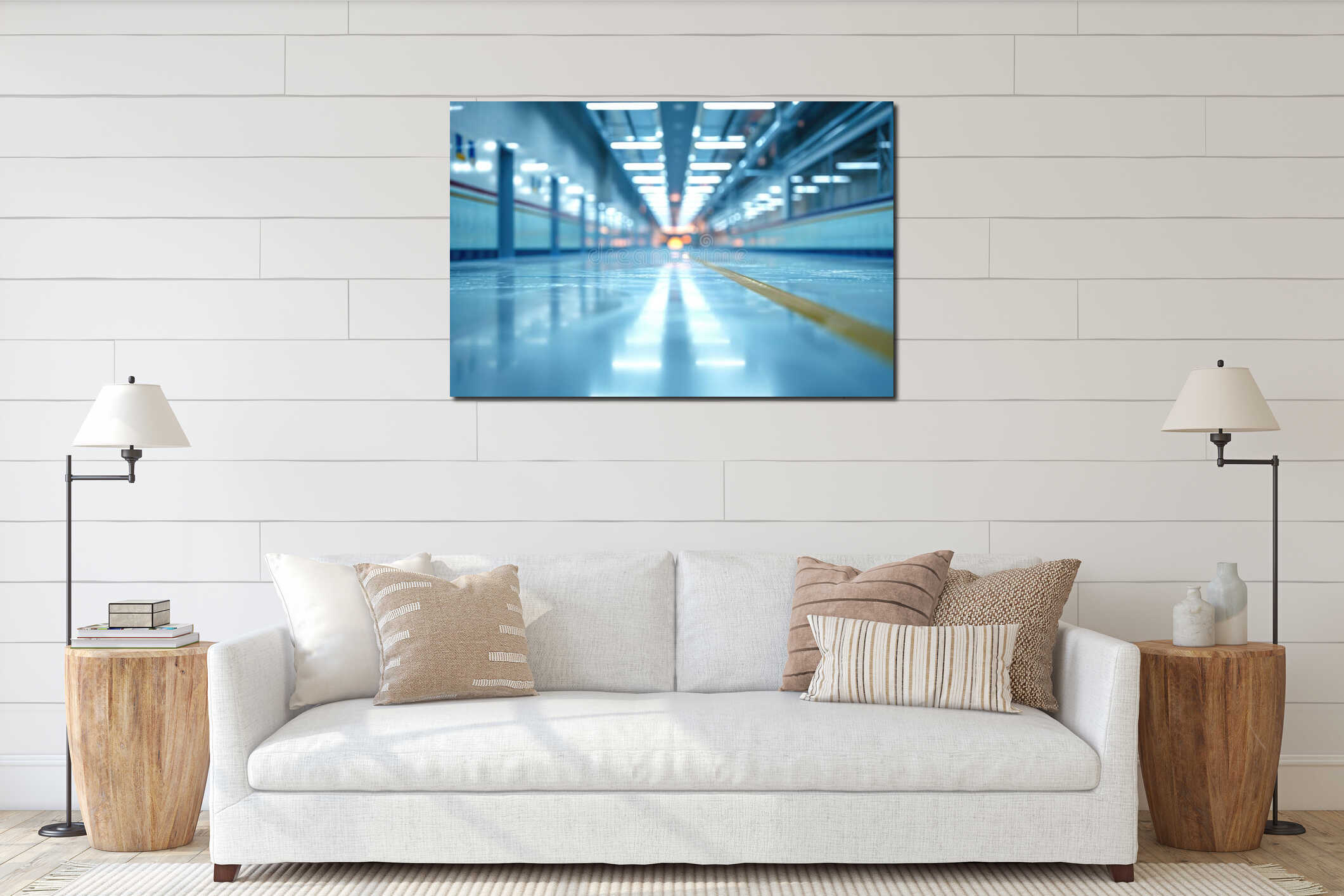 A picture of a long hallway with a yellow line on the floor. Suitable for architectural projects and transportation interior mockup