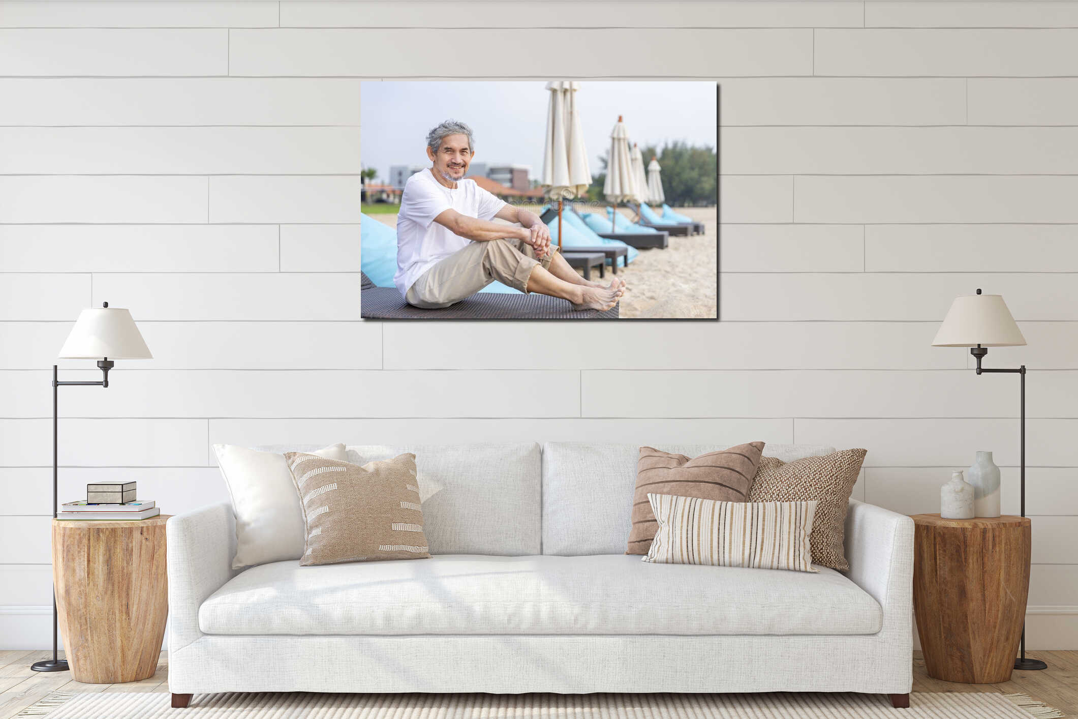 elderly lifestyle travel concept,portrait asian senior man with grey hair and beard relaxing on beach chair interior mockup