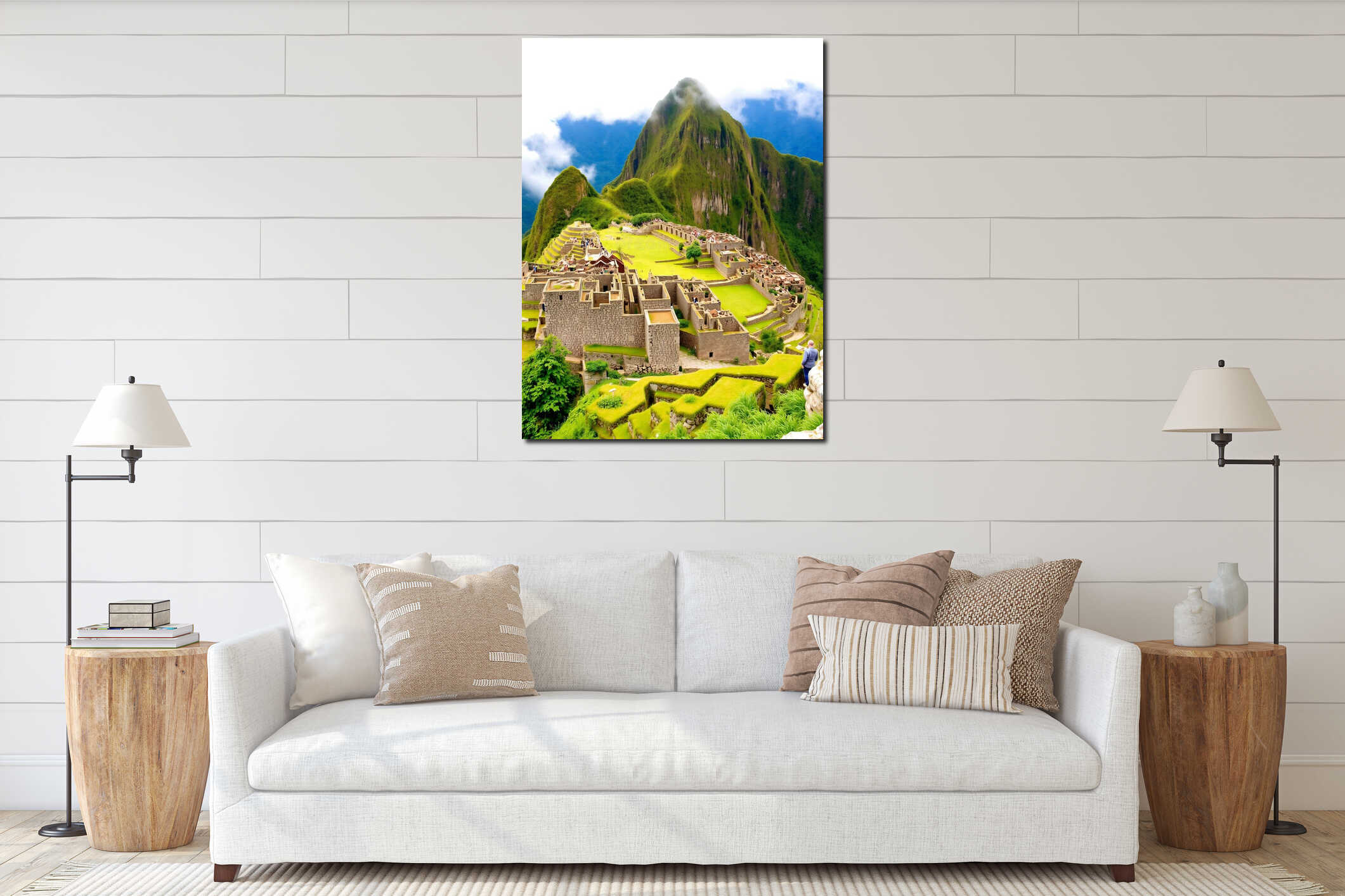 An awe-inspiring sight of the famed archaeological site set against a backdrop of towering mountains and verdant hills. interior mockup
