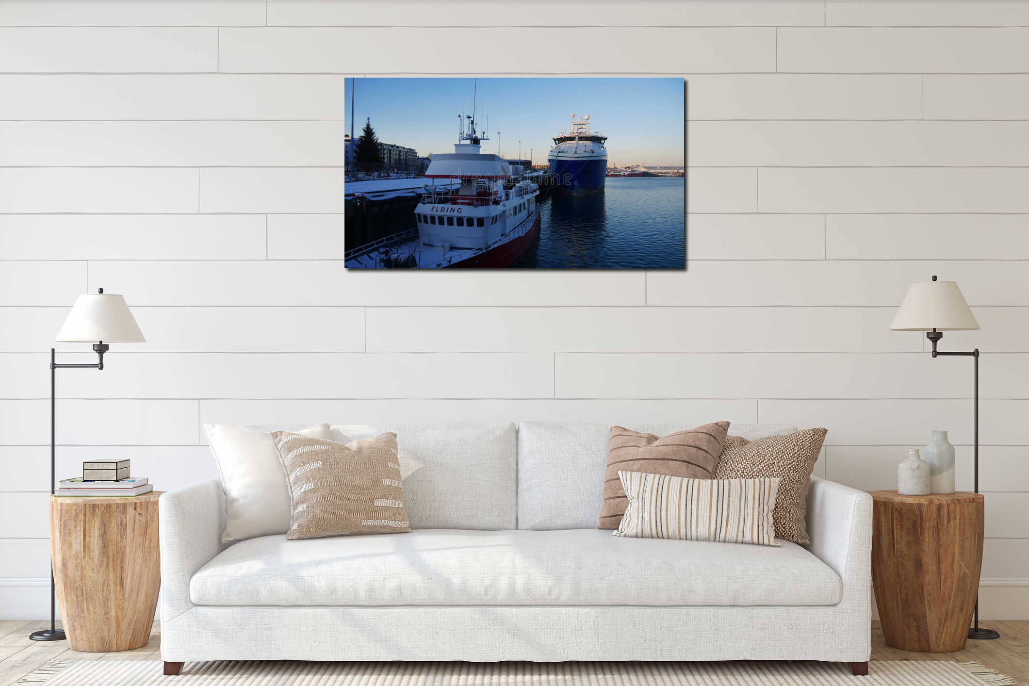 Quiet Morning at Reykjavik Harbor â Snow, Fishing Boats, and Empty Docks interior mockup