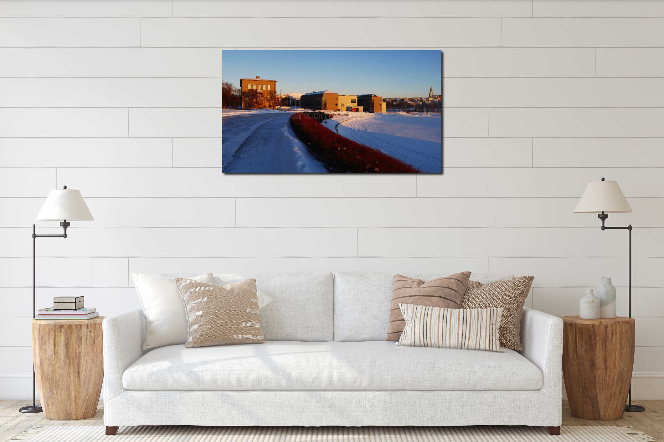 Serene Reykjavik Avenue with Scarlet Bushes and Snowy Landscape interior mockup