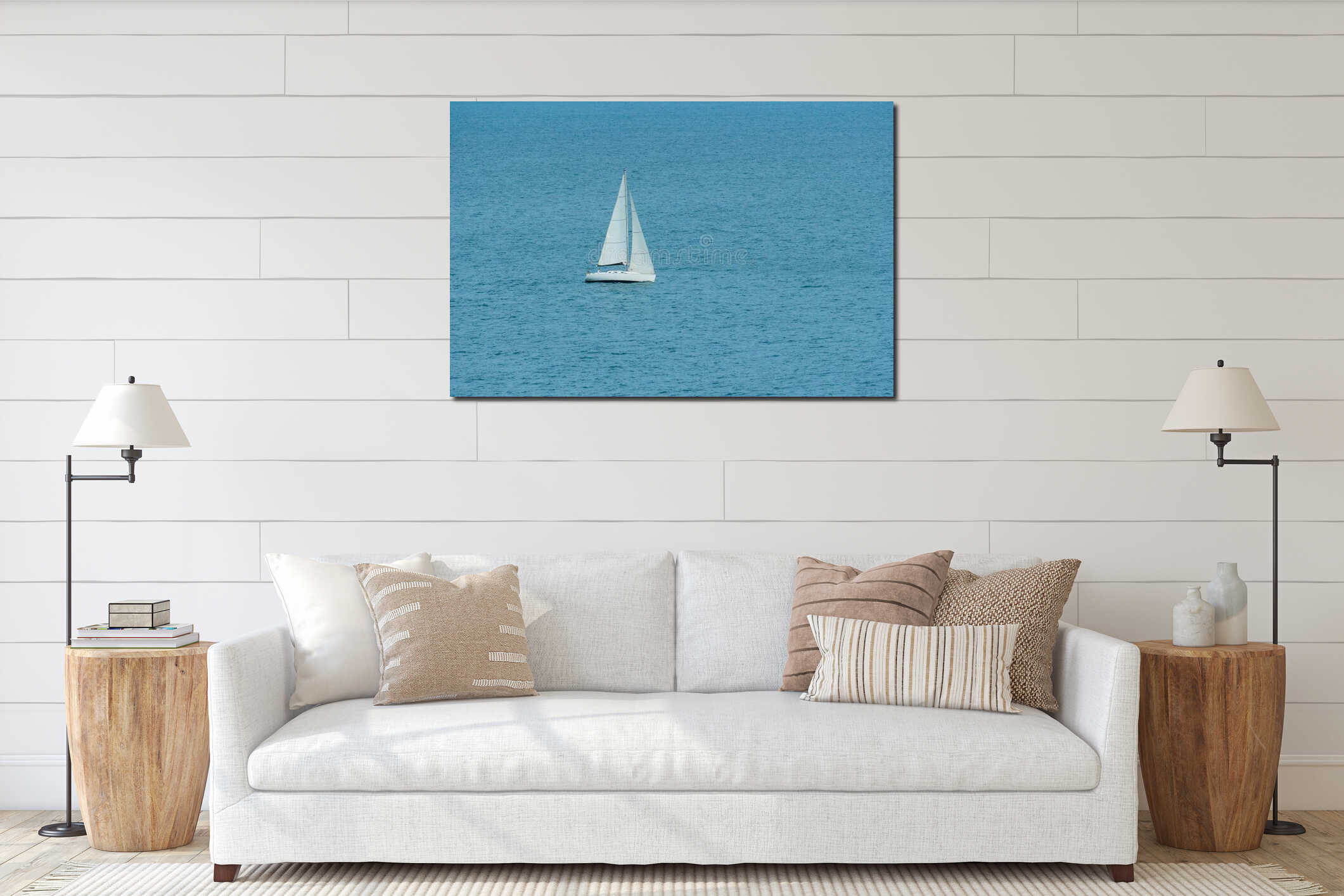 a white sailing yacht sails past, the Atlantic Ocean interior mockup