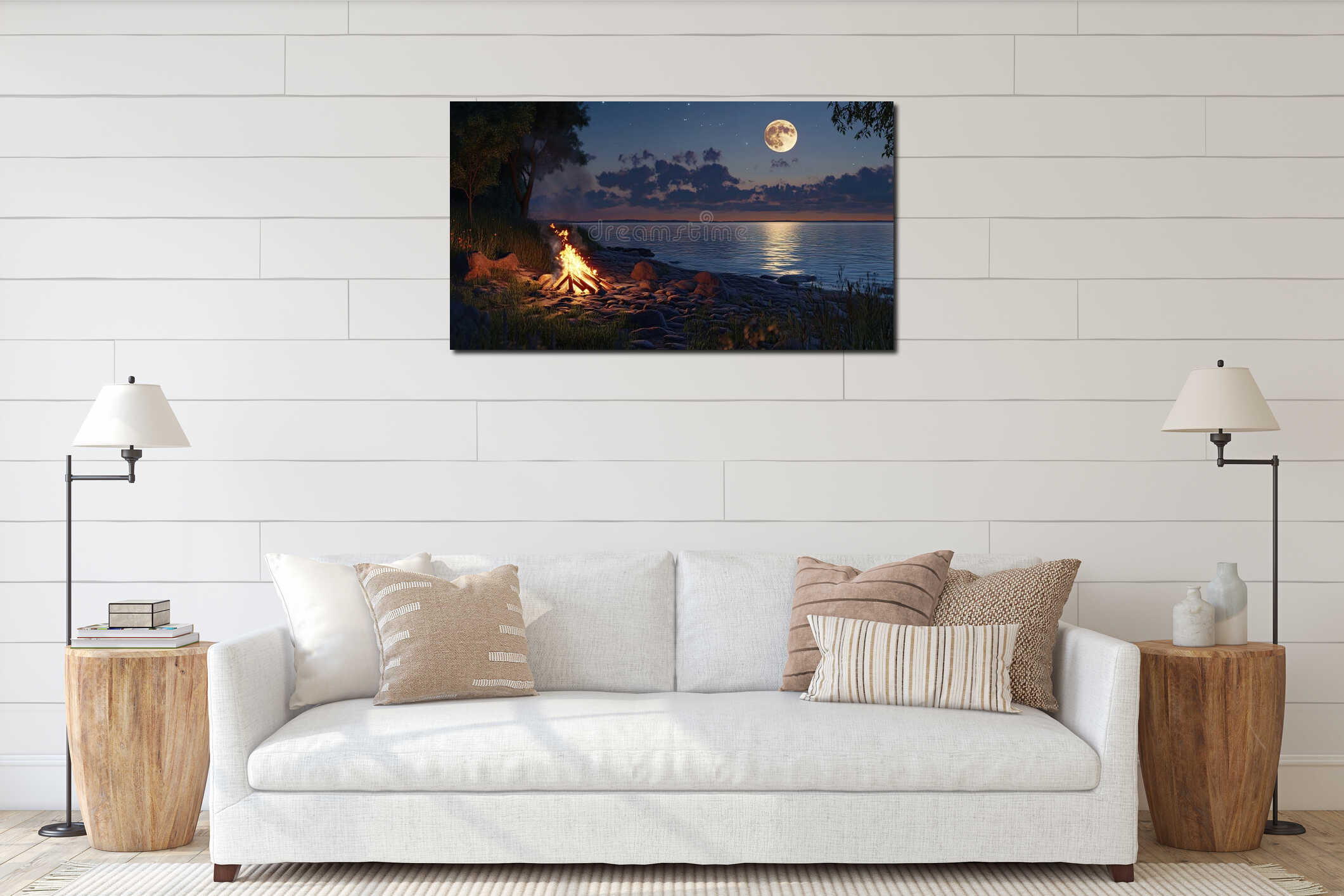 Night campfire on rocky beach under full moon interior mockup