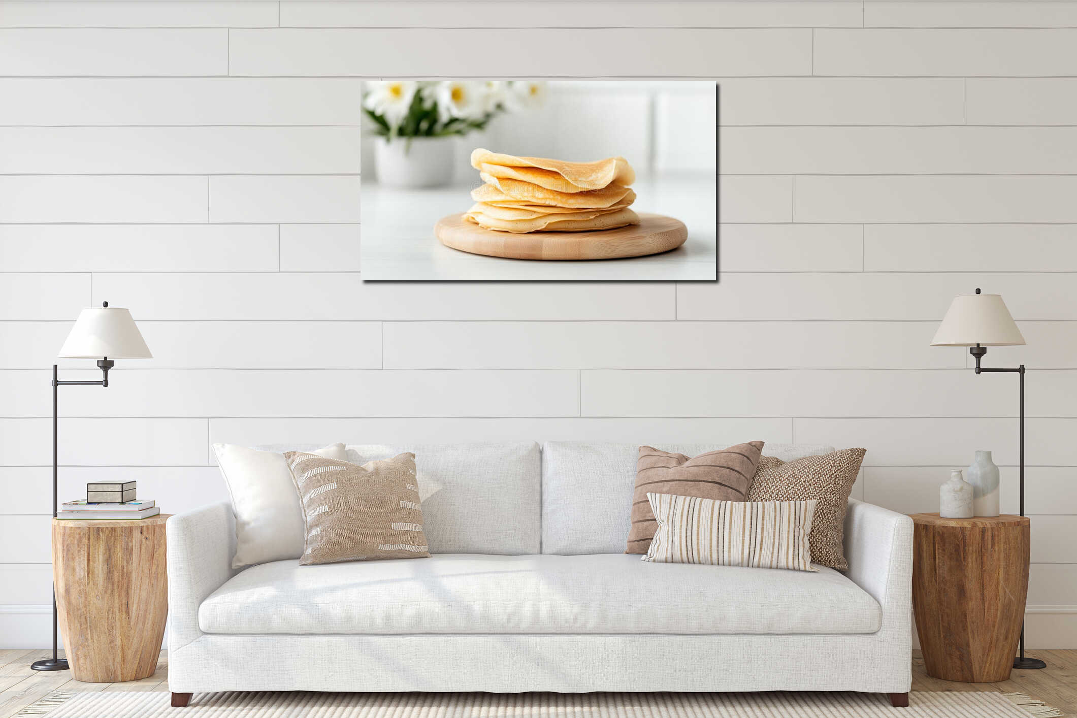 spring food photography, empty space in a modern, bright kitchen with spring decor, showcasing golden crepes on a wooden interior mockup