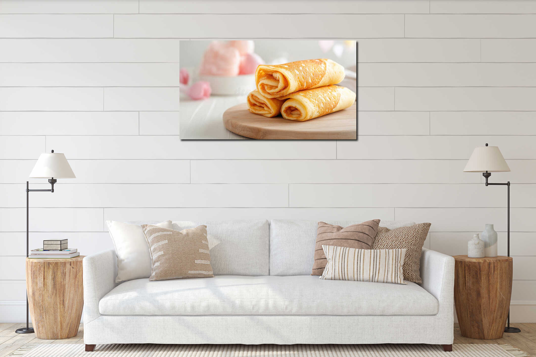 spring recipes, bright, modern kitchen with spring decor and empty space for text, featuring golden crepes on a wooden interior mockup