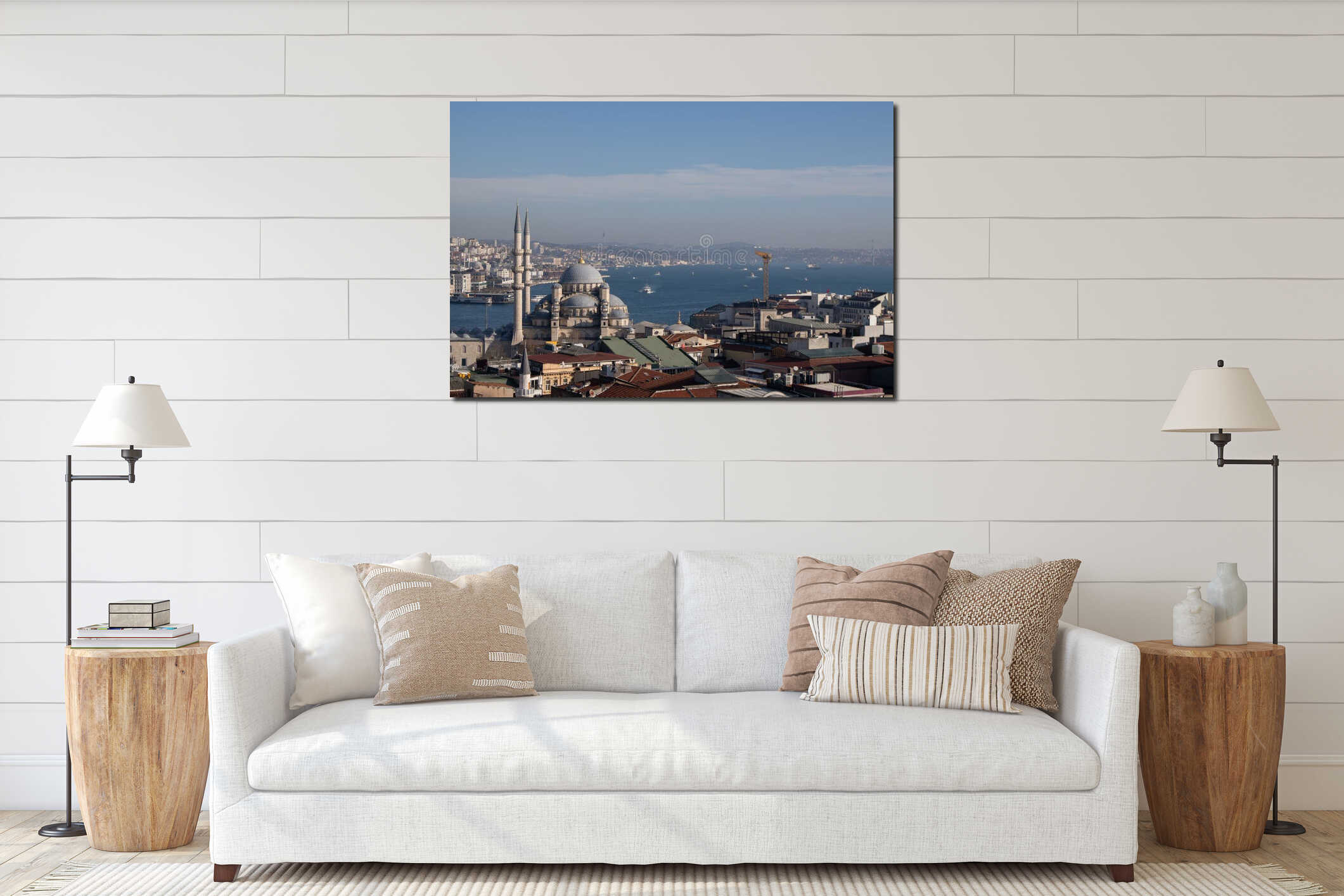 Istanbul Mosque Skyline Bosphorus: Panoramic view showcasing historical mosque and cityscapes over the Bosphorus Strait. interior mockup