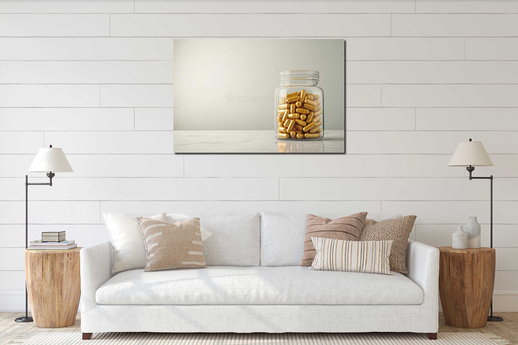 A transparent glass jar displays an abundance of golden vitamin capsules, arranged meticulously on a white marble interior mockup