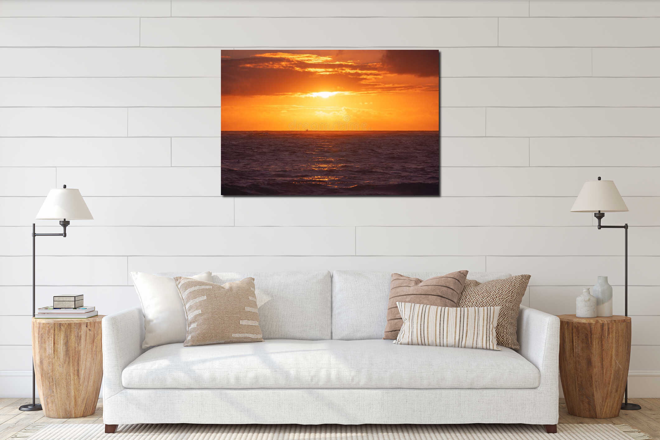 Beautiful cloudscape over the sea horizon scenic summer sunrise interior mockup