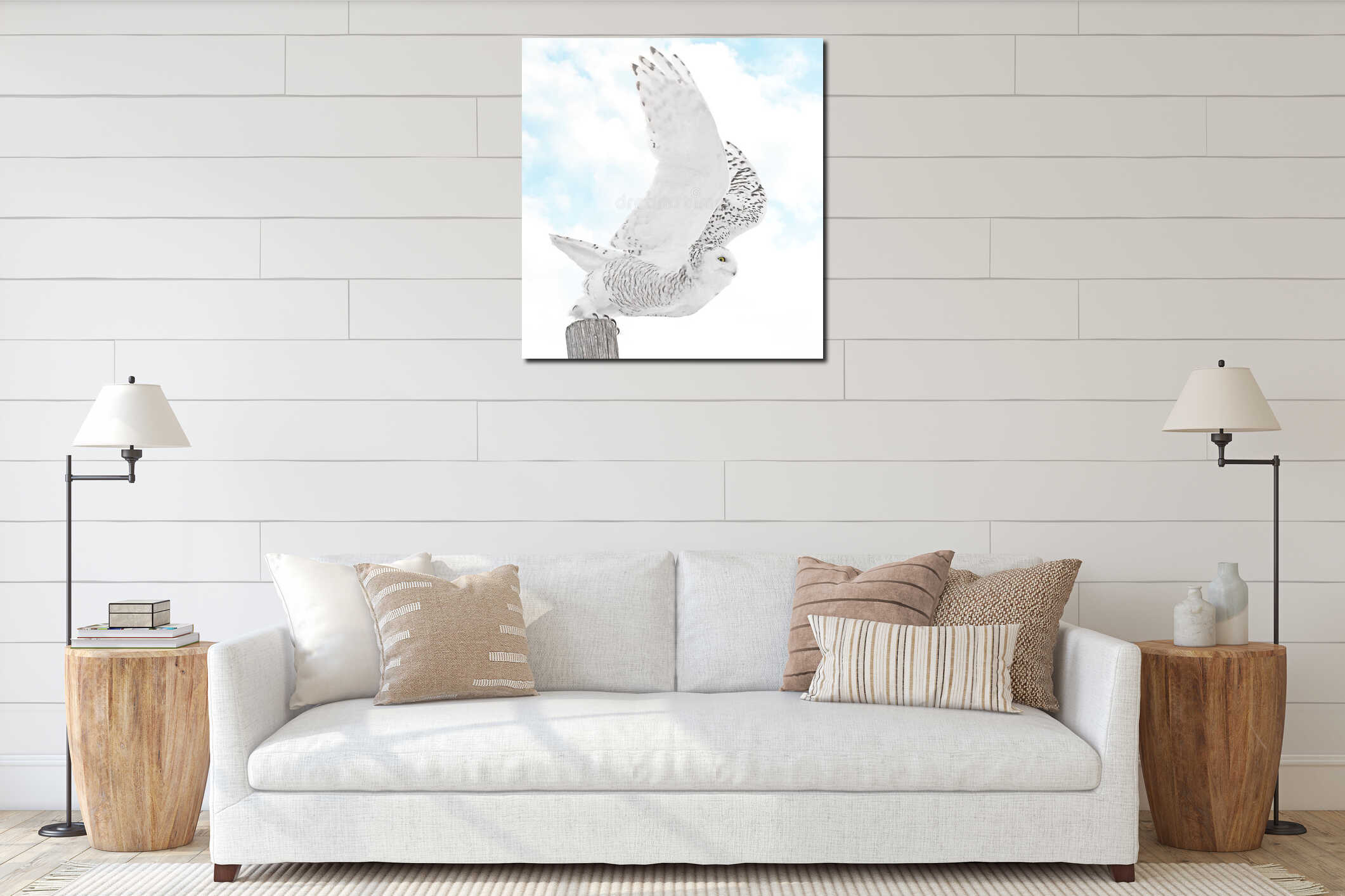 Snowy Owl female take off on a mixed clouds and blue sky background interior mockup