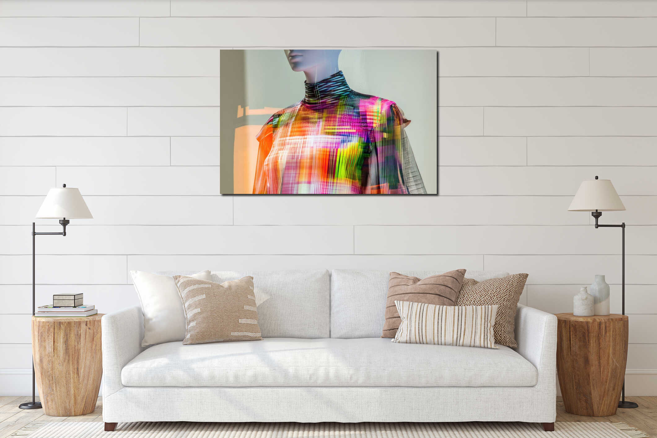 Colorful Abstract Dress on a Mannequin in a Retail Display Window with Bright Lighting interior mockup