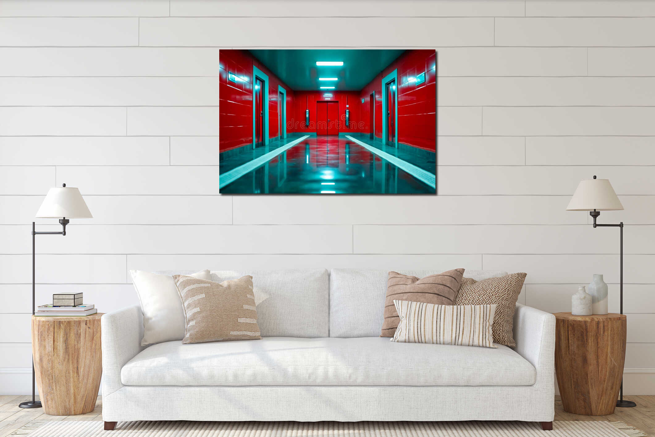 A long hallway with red walls and blue lights interior mockup