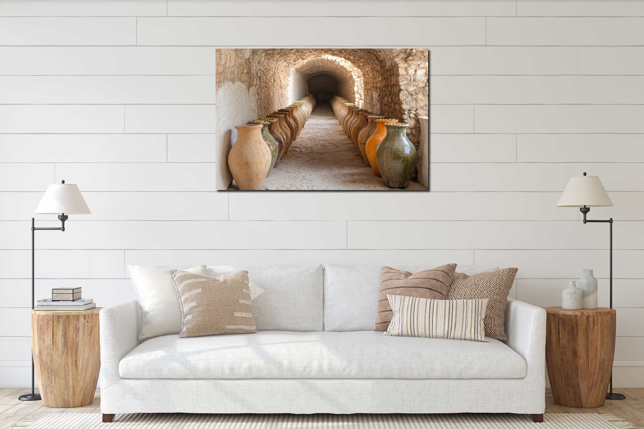 Large ceramic amphorae filled with olives line the rustic underground corridor, preserving Mediterranean traditions interior mockup