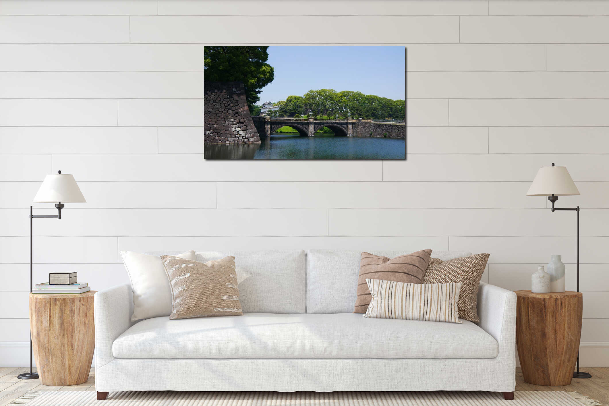 Scenic Japanese Garden with a Bridge Connecting Both Sides interior mockup