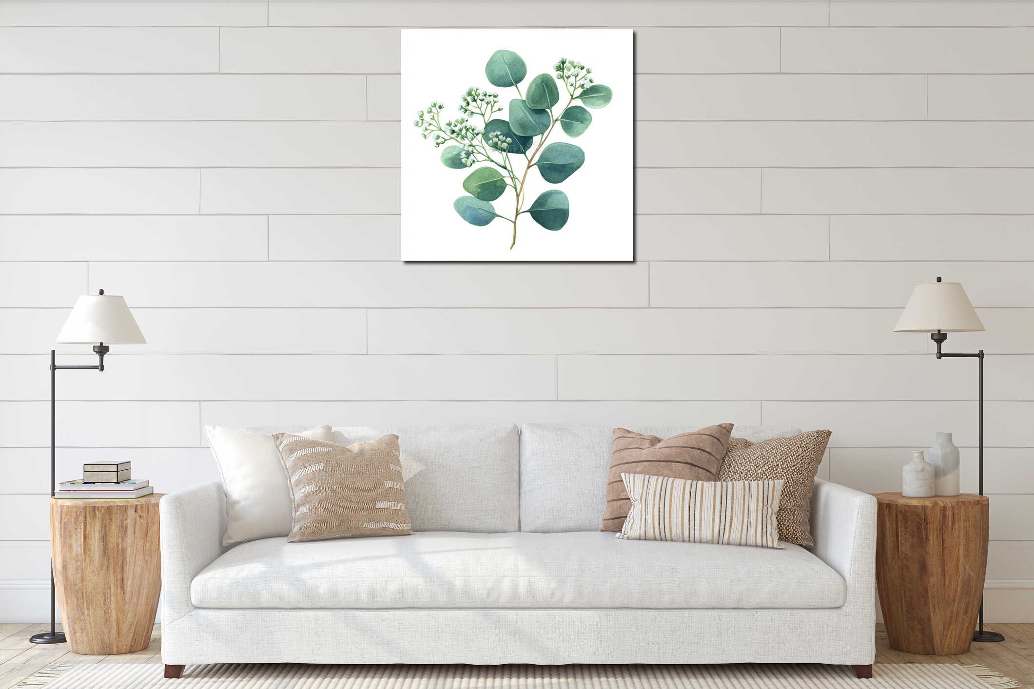 A watercolor set showcasing hand-painted forest herbs, greenery, and baby's breath. This botanical illustration interior mockup