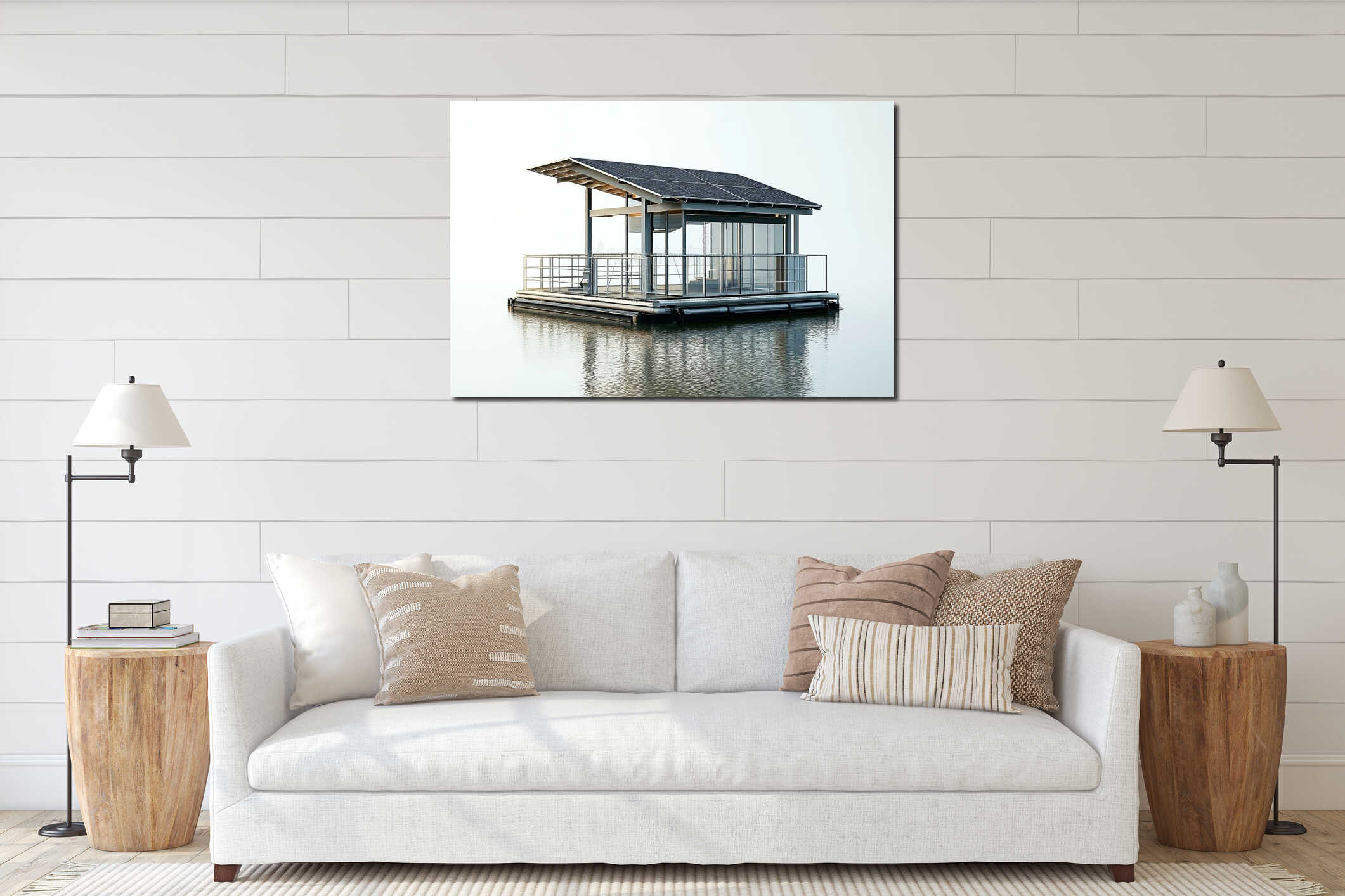 Modern Solar-Powered Floating House on a Calm Lake Surrounded by a Misty Winter Atmosphere interior mockup