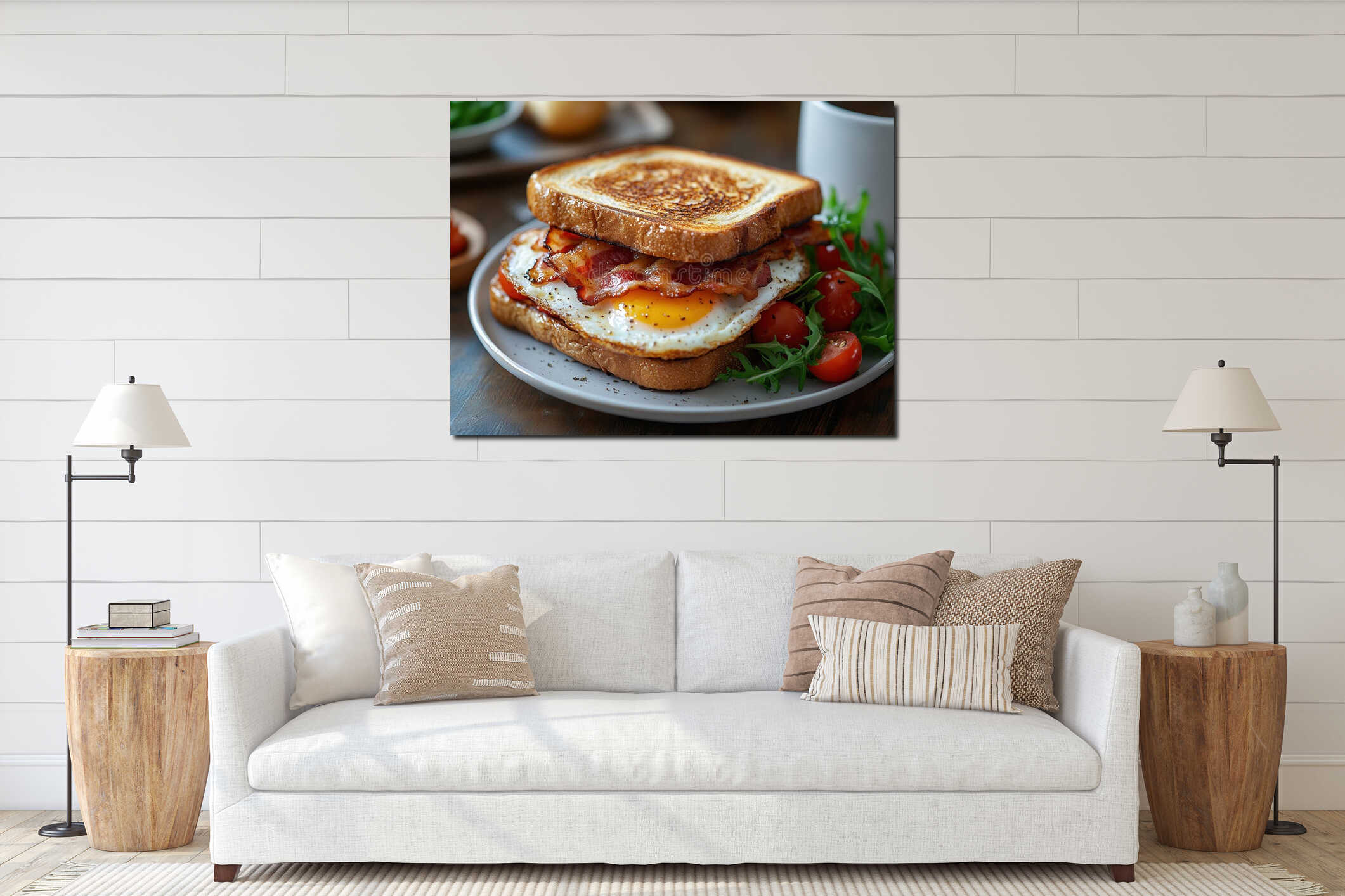 Hyper-realistic egg and bacon sandwich on toast with fresh tomatoes and coffee in warm golden hour light interior mockup