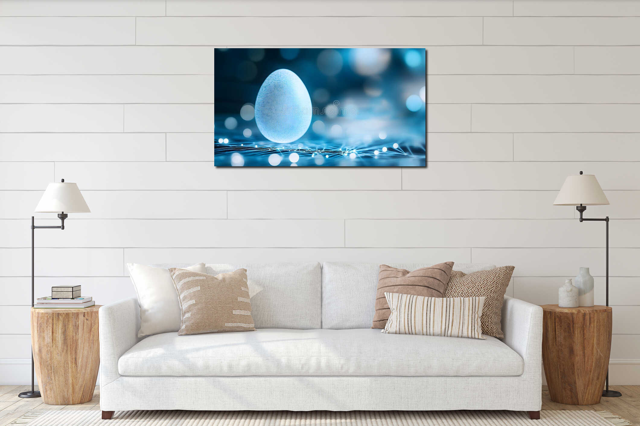 Bright blue glowing egg with futuristic cyber network structure on digital background. Symbol of AI evolution interior mockup