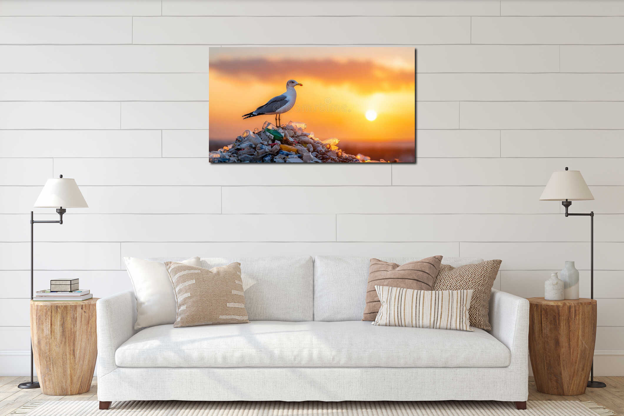 A seagull standing on top of a pile of trash at sunset interior mockup