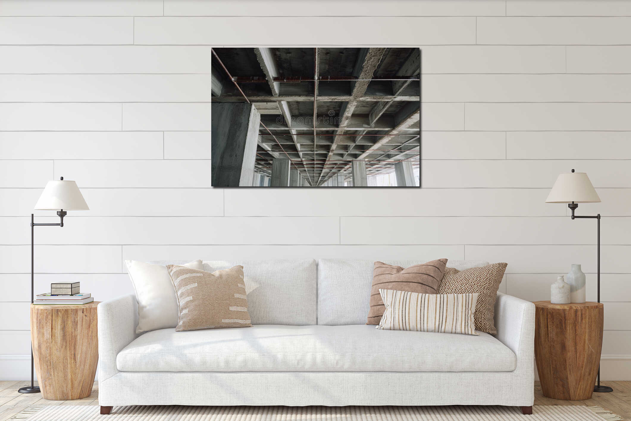 The picture shows a view of the underside of a bridge. This image can be used to depict infrastructure, engineering, or interior mockup