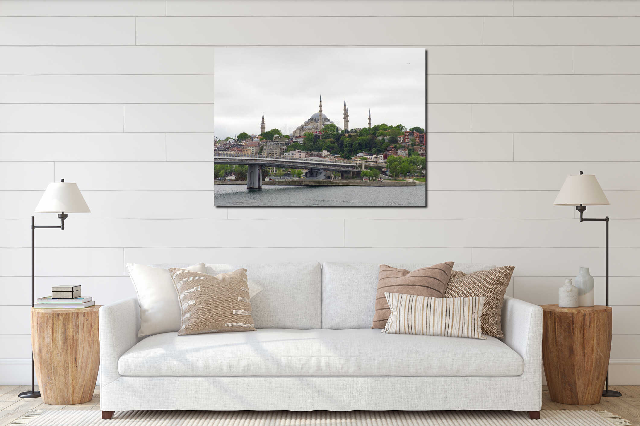 Istanbul skyline with mosque and bridge interior mockup