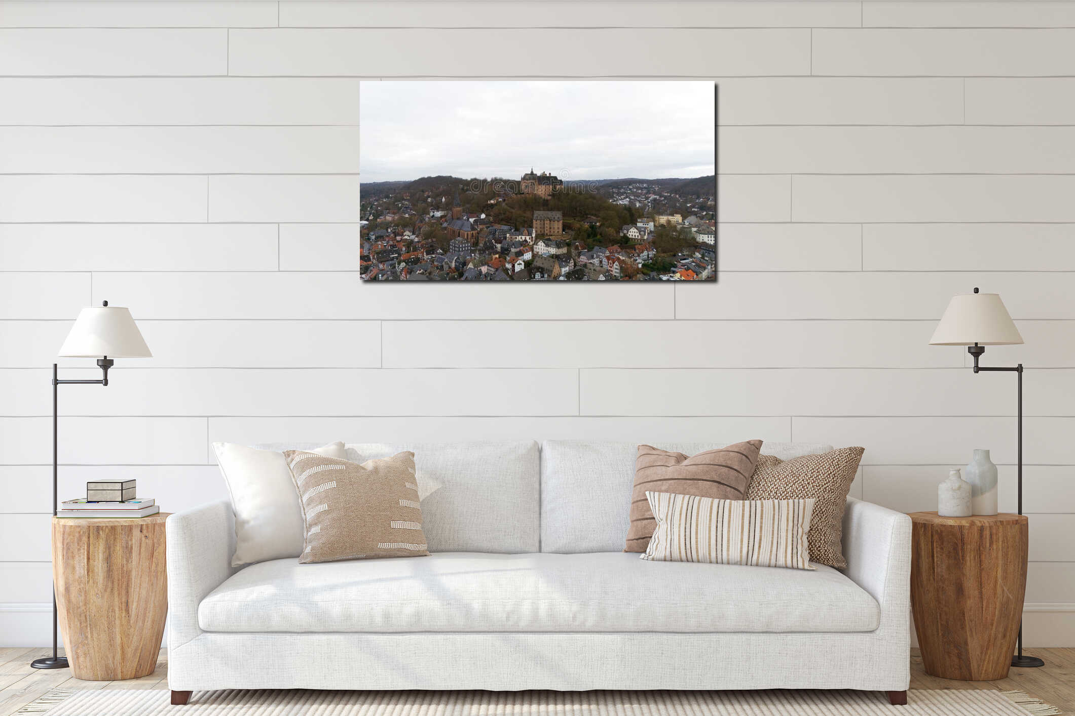 Aerial view of Marburg Castle and historic town interior mockup