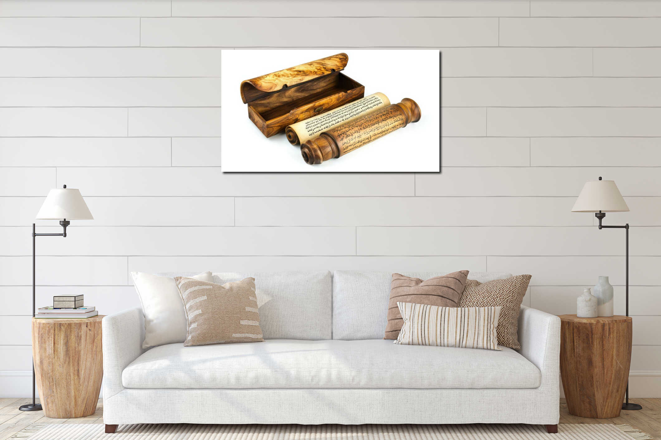 Ancient scrolls in an ornate wooden box showcasing intricate calligraphy and historic text in Arabic, placed on a interior mockup