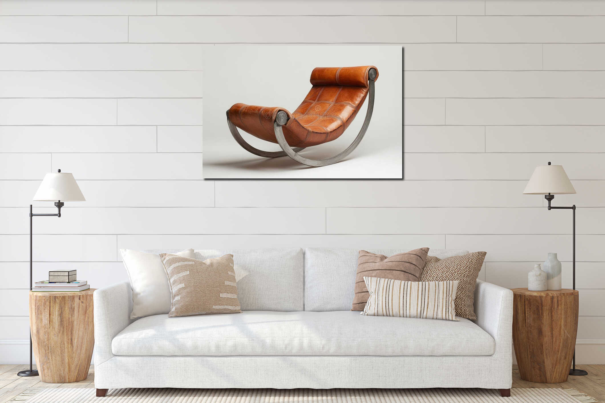Comfortable rocking chair made of brown leather and metal standing on a white background interior mockup