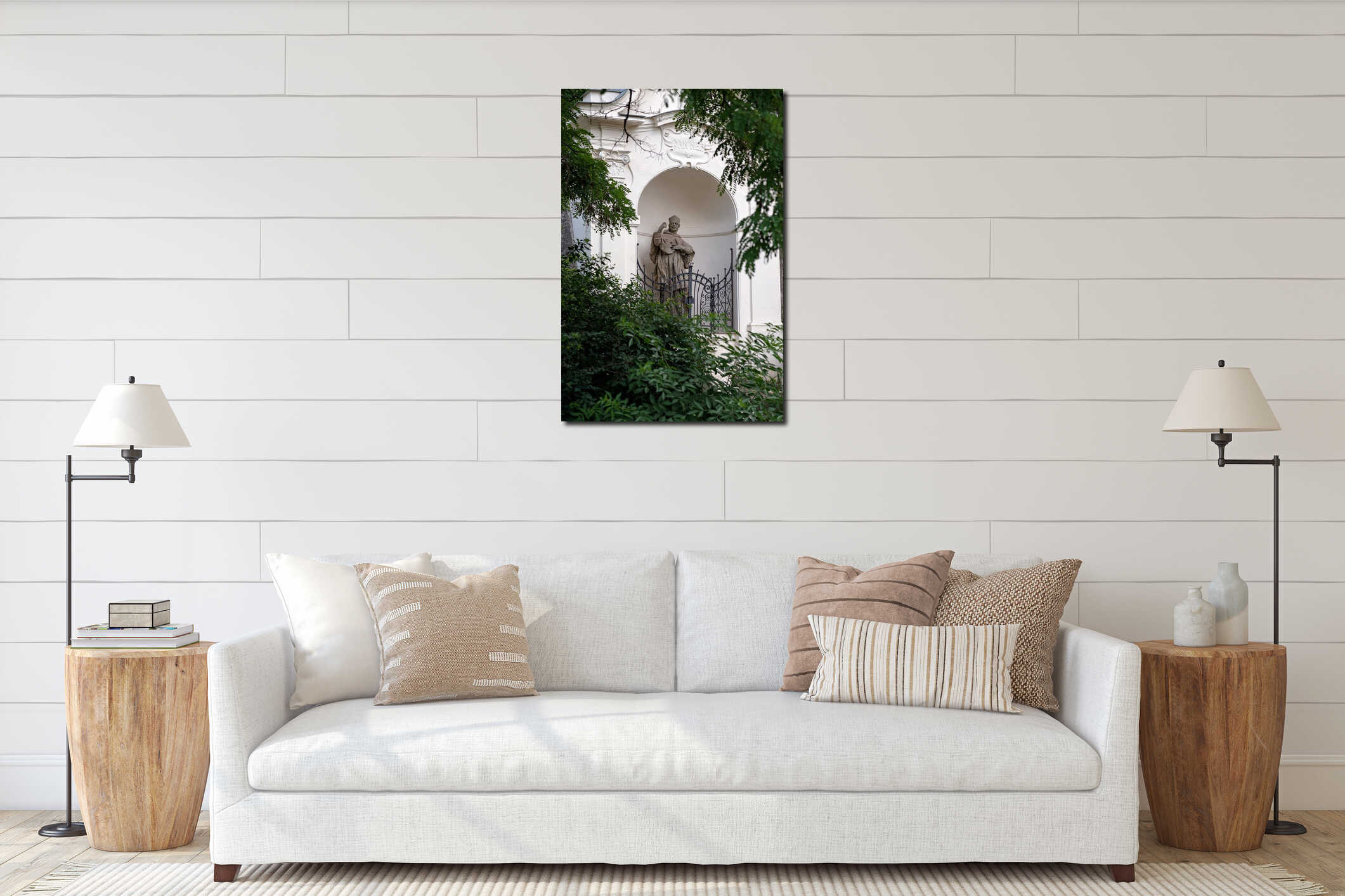 Statue of saint john of nepomuk behind ornate metal gate interior mockup